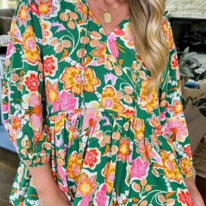 Green Floral Puff Sleeve V Neck Peplum Blouse