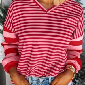 Strawberry Pink Mix Striped Drop Shoulder Patchwork Sleeve V Neck Pullover