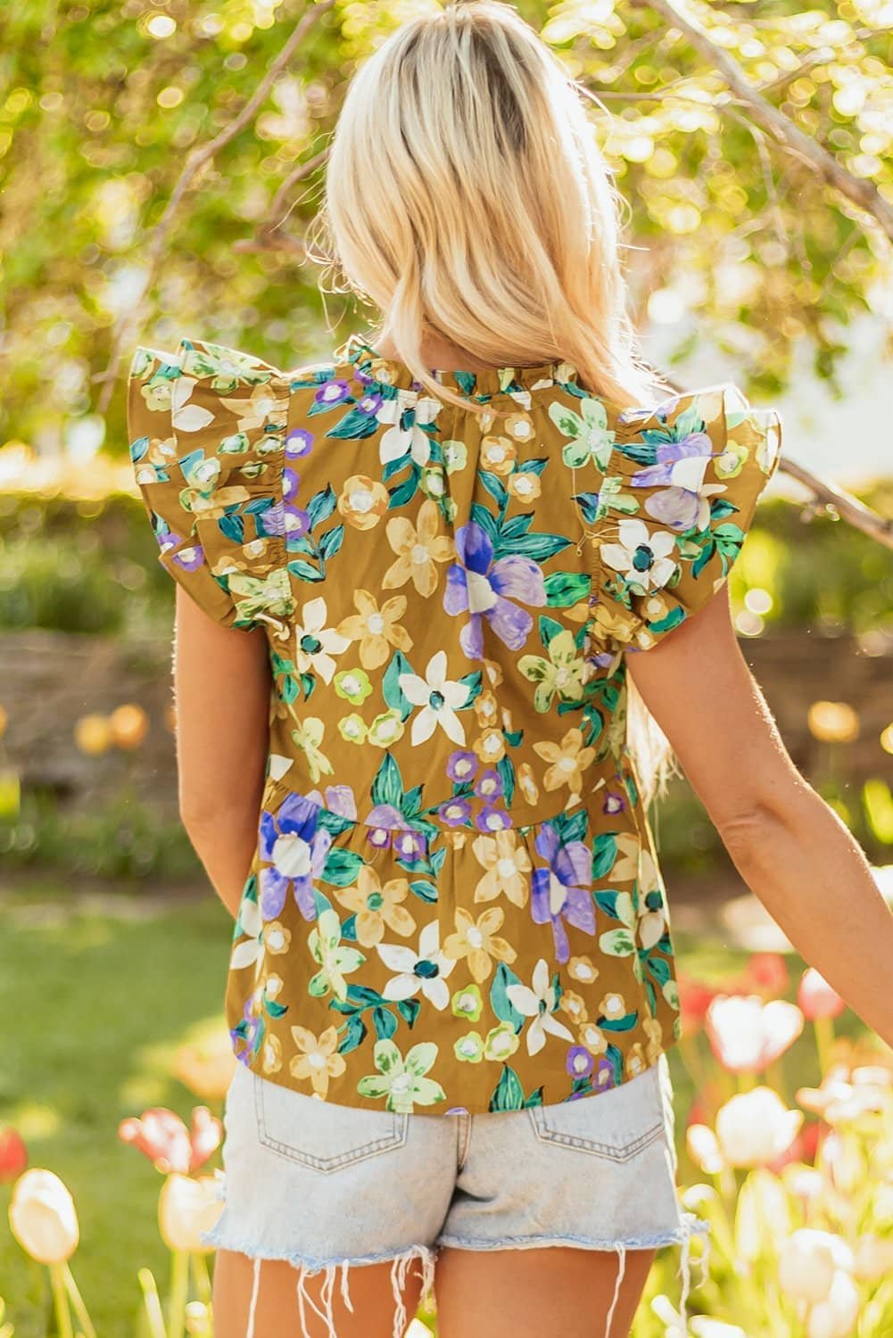 Yellow Floral Print Tiered Flutter Sleeve V Neck Top