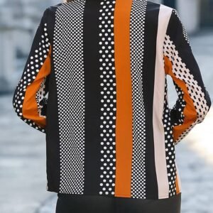 Orange Geo Print Colorblock Notched V Neck Blouse