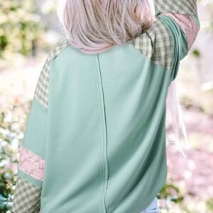 Clearly Aqua Plaid Floral Peace Heart Graphic Wide Long Sleeve Top