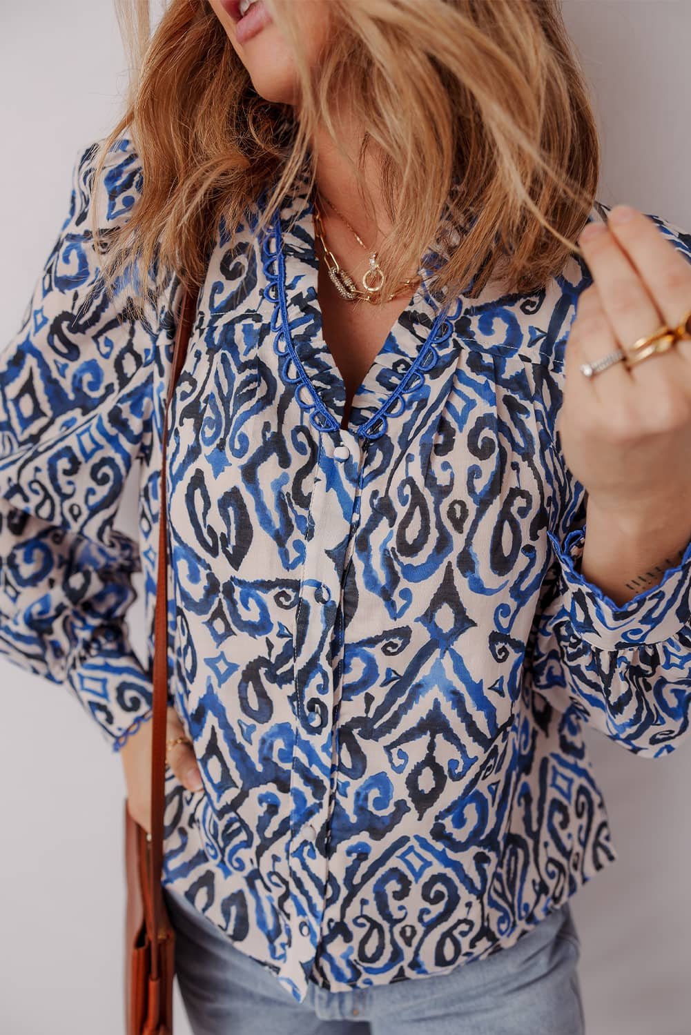Blue Bohemian Print Embroidered V Neckline Detail Long Sleeve Shirt