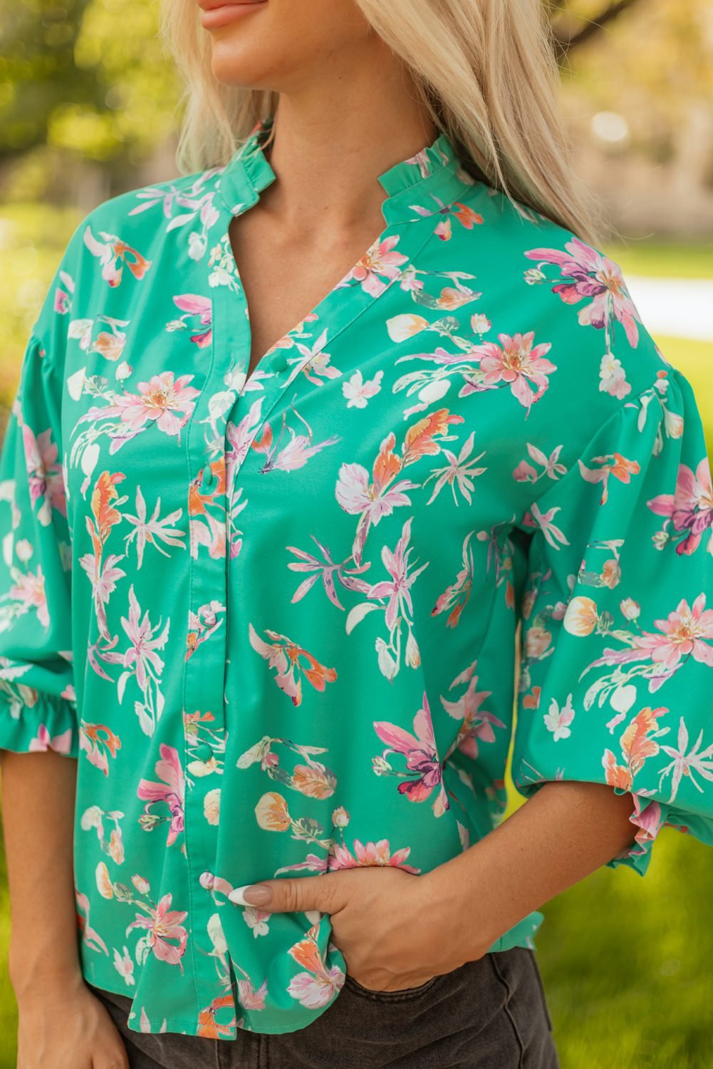 Green Floral Lantern Sleeve Button Front Shirt