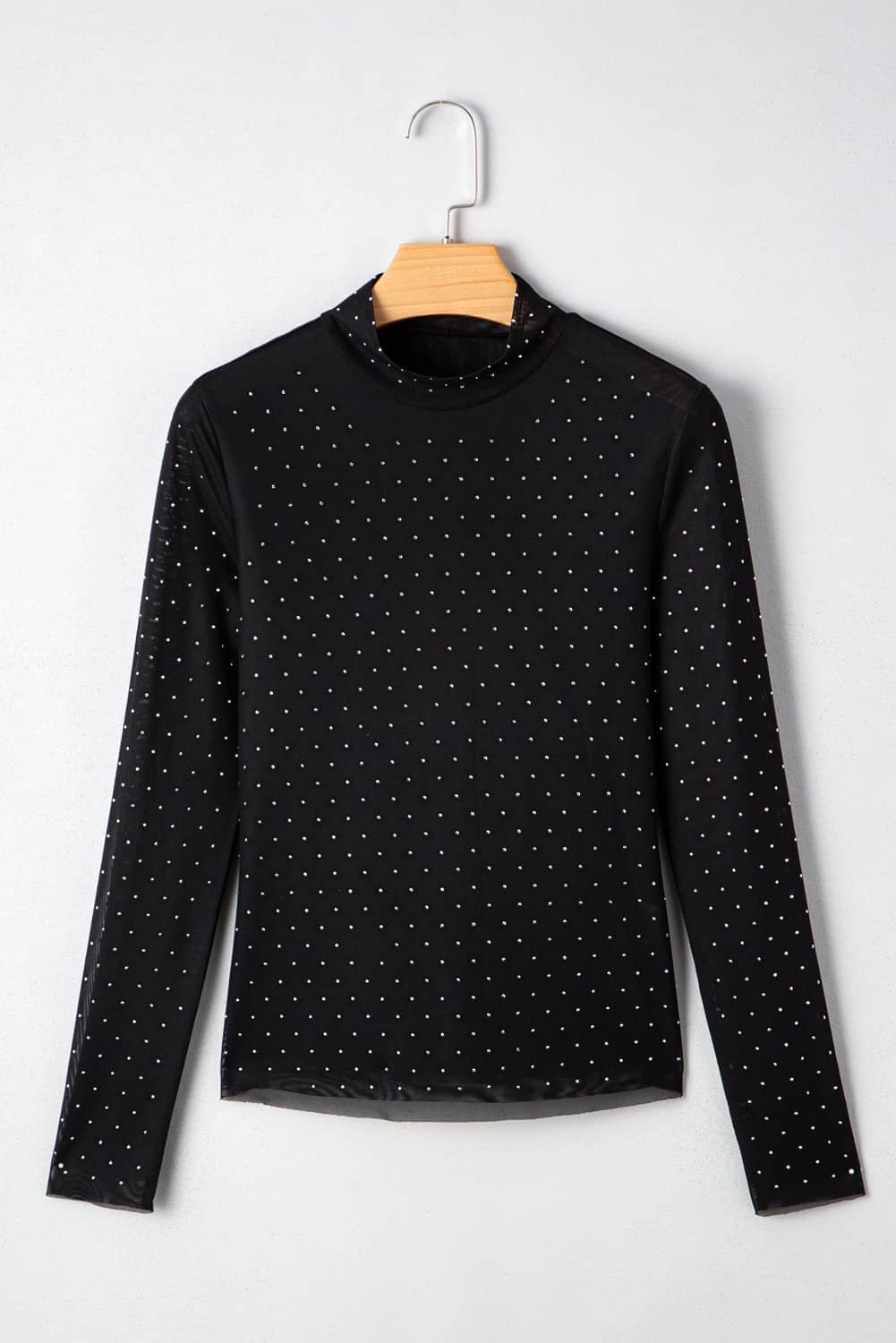 Black Rhinestone Embellished Mesh Long Sleeve Top