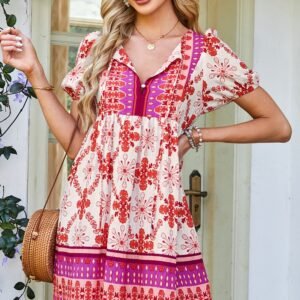 Rose Boho Floral Short Sleeve Lace-Up V Neck Mini Dress