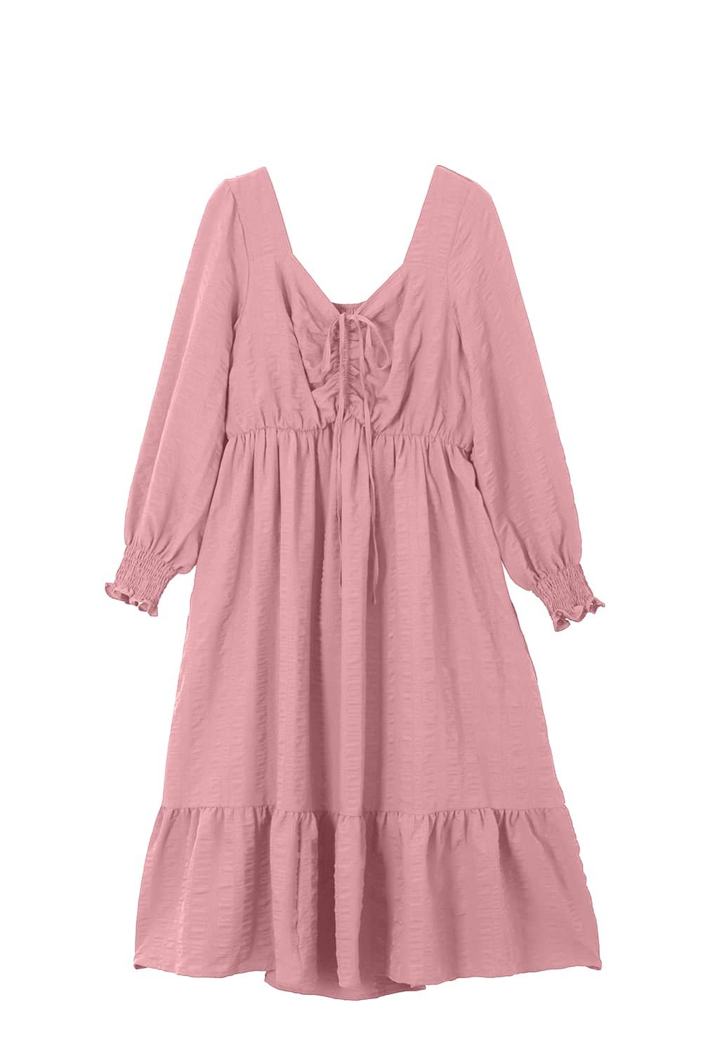 Pink Lace-Up Ruched Front Long Sleeve Ruffle Hem Plus Size Midi Dress