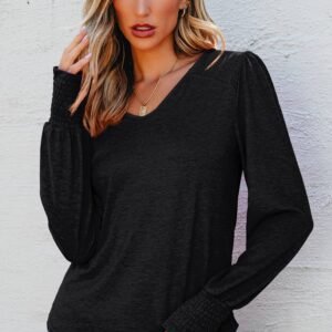 Black Shirred Shoulder Frilled Cuffs Long Sleeve Top