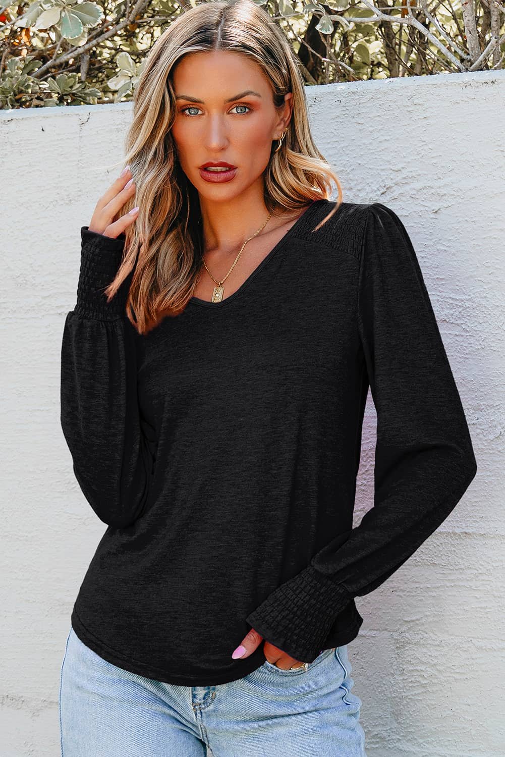 Black Shirred Shoulder Frilled Cuffs Long Sleeve Top