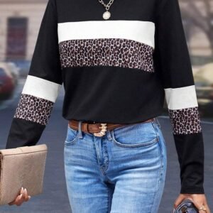 White Leopard Colorblock Patchwork Crew Neck Long Sleeve Tee