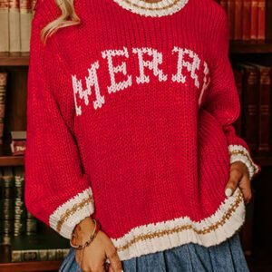 Fiery Red Merry Color Block Edge Drop Shoulder Cozy Sweater