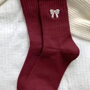 Fiery Red Embroidered Bowknot Ribbed Crew Socks