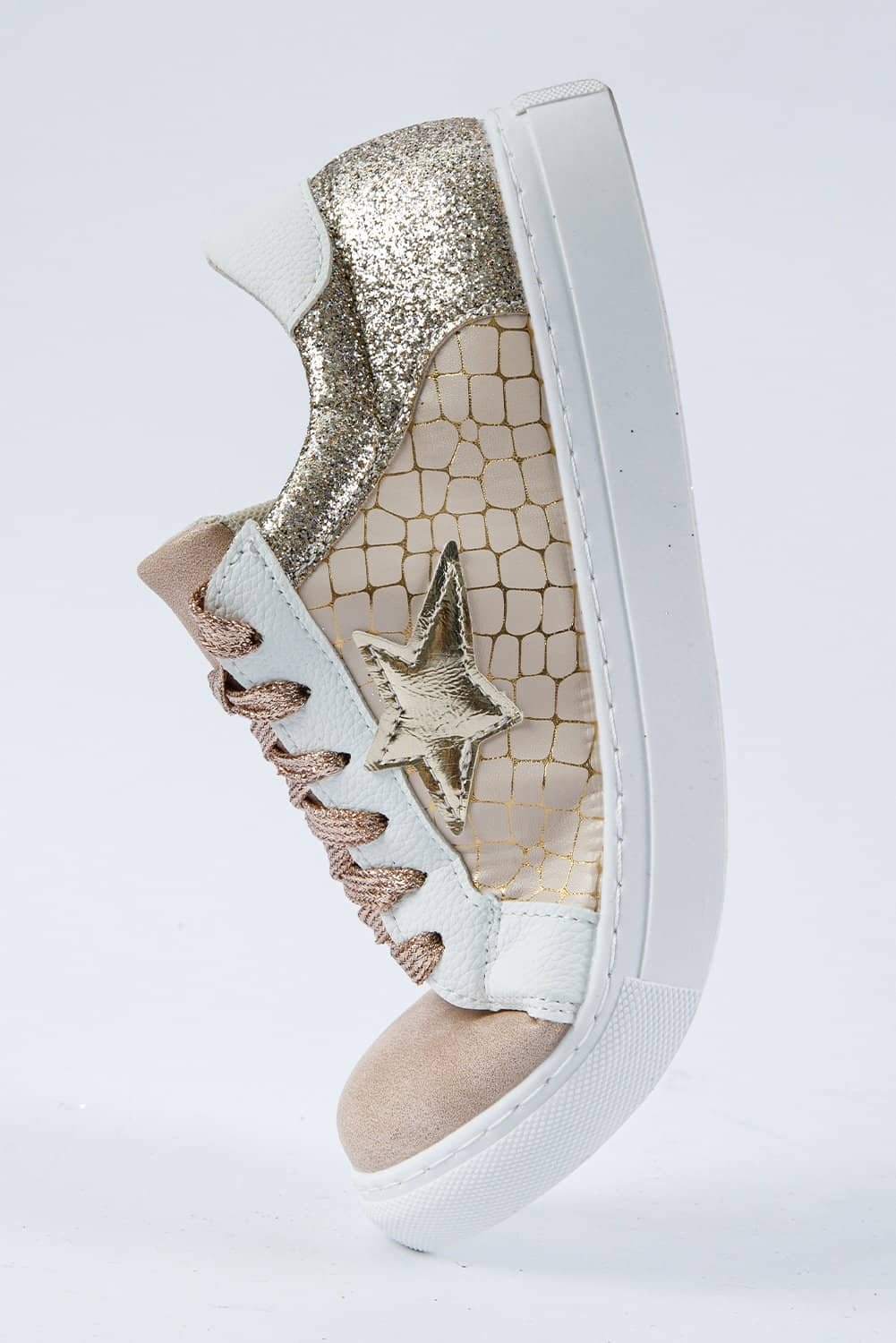 Gold Glitter Star Patchwork Pu Leather Lace-Up Sneakers