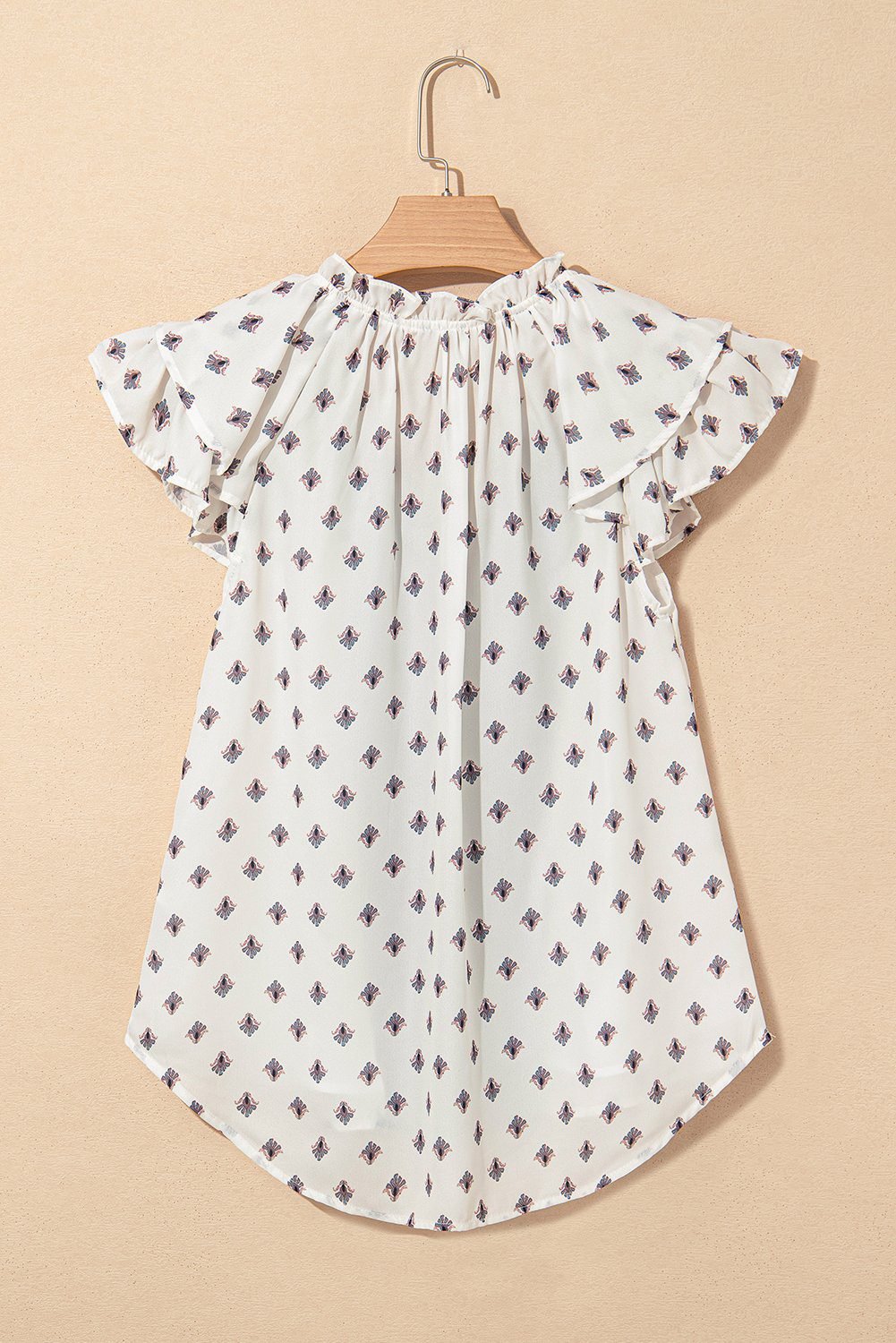 White Boho Pattern Tiered Ruffled Sleeve V Neck Buttoned Blouse