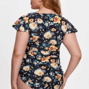 Plus Size Flutter Cap Sleeve Floral High Waist Bikini