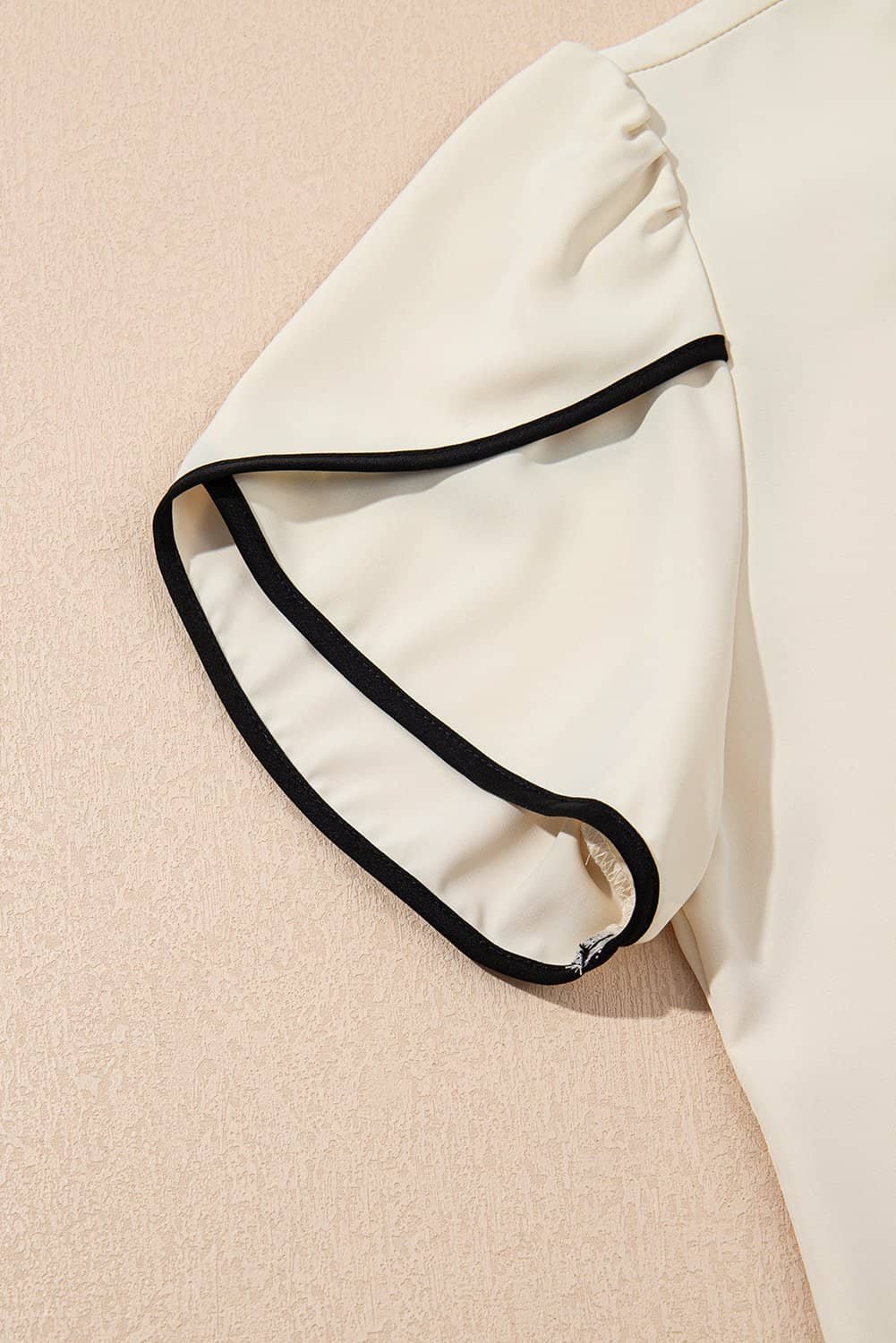 White Bow Knot Neckline Contrast Stripe Short Sleeve Blouse