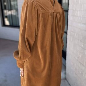 Desert Gold Corduroy Pleated Puff Sleeve Shift Short Dress