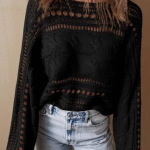 Black Hollow-Out Cable Knit Cropped Sweater