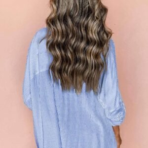 Sky Blue Stripe Roll-Tab Sleeve Pocketed Long Shirt