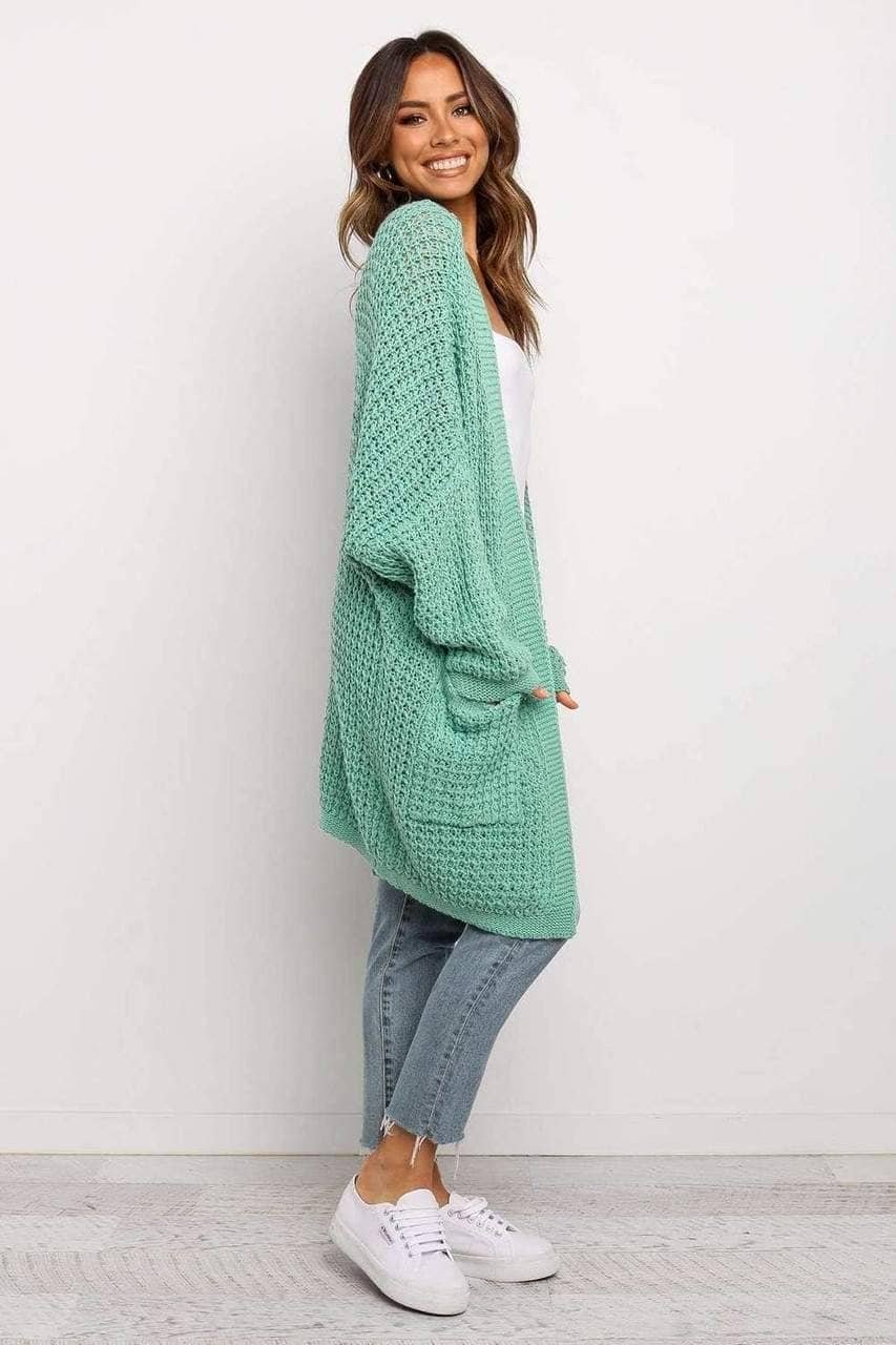 Green Long Line Open Front Knitted Cardigan With Pockets