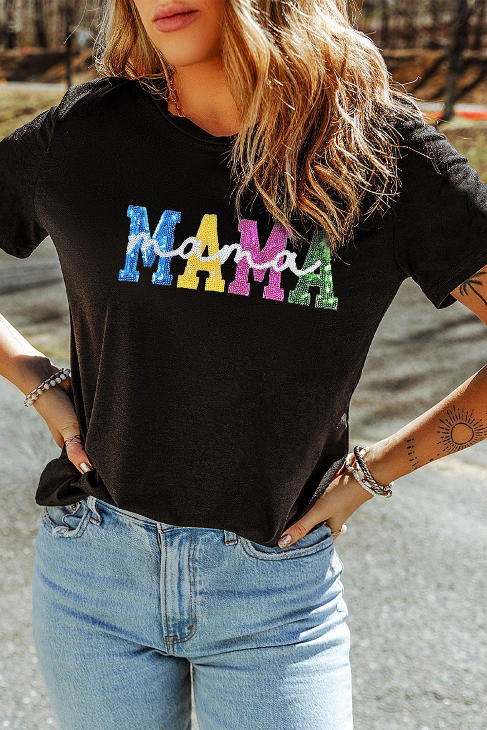 Black Sequin Mama Double Letter Graphic Tee