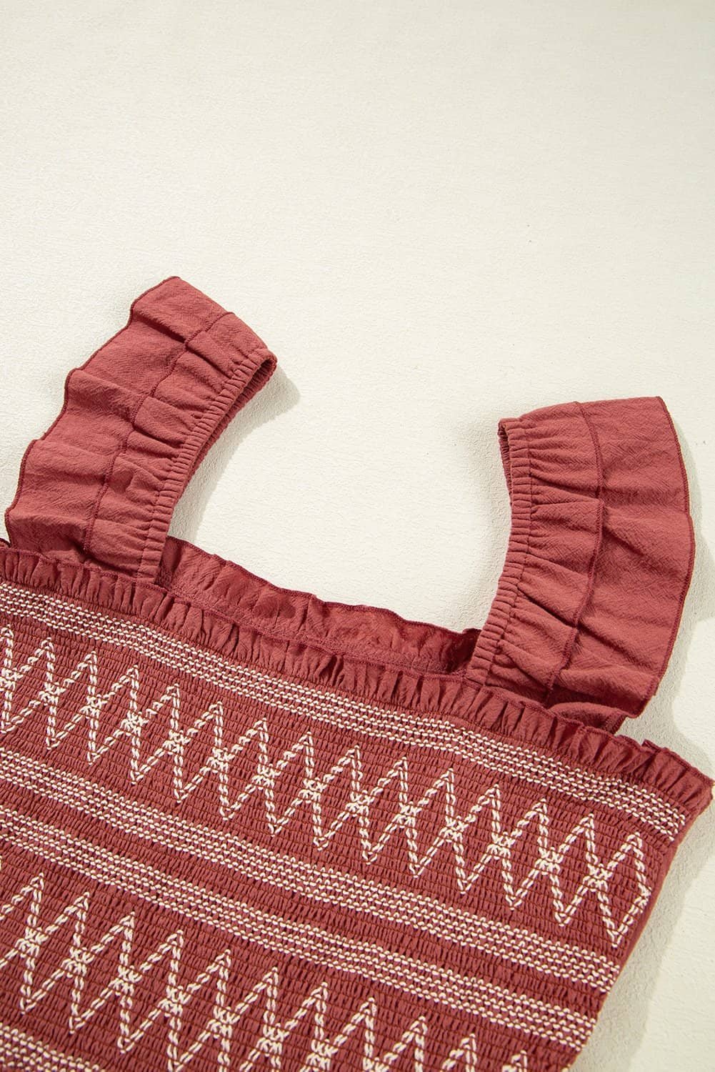 Red Sandalwood Geometric Stitch Shirred Bodice Ruffled Trim Sleeveless Mini Dress