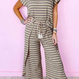 Black Stripe Rainbow Tee Tasseled String Wide Leg Pants Set