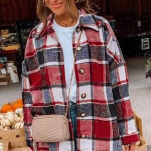 Red Plaid Print Buttoned Shirt Jacket