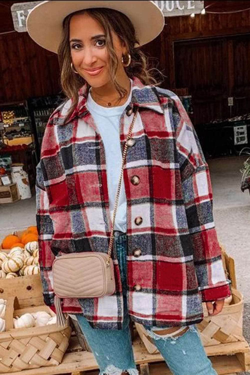 Red Plaid Print Buttoned Shirt Jacket