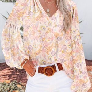 Golden Apricot Floral Print V Neck Long Puff Sleeve Top