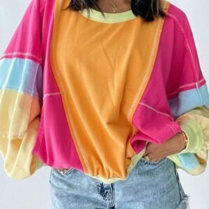 Rose Red Plus Size Colorblock Patchwork Exposed Seam Sweatshirt