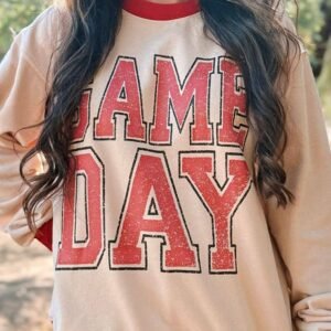Oatmeal Game Day Letter Graphic Varsity Striped Detail Baggy Sweatshirt