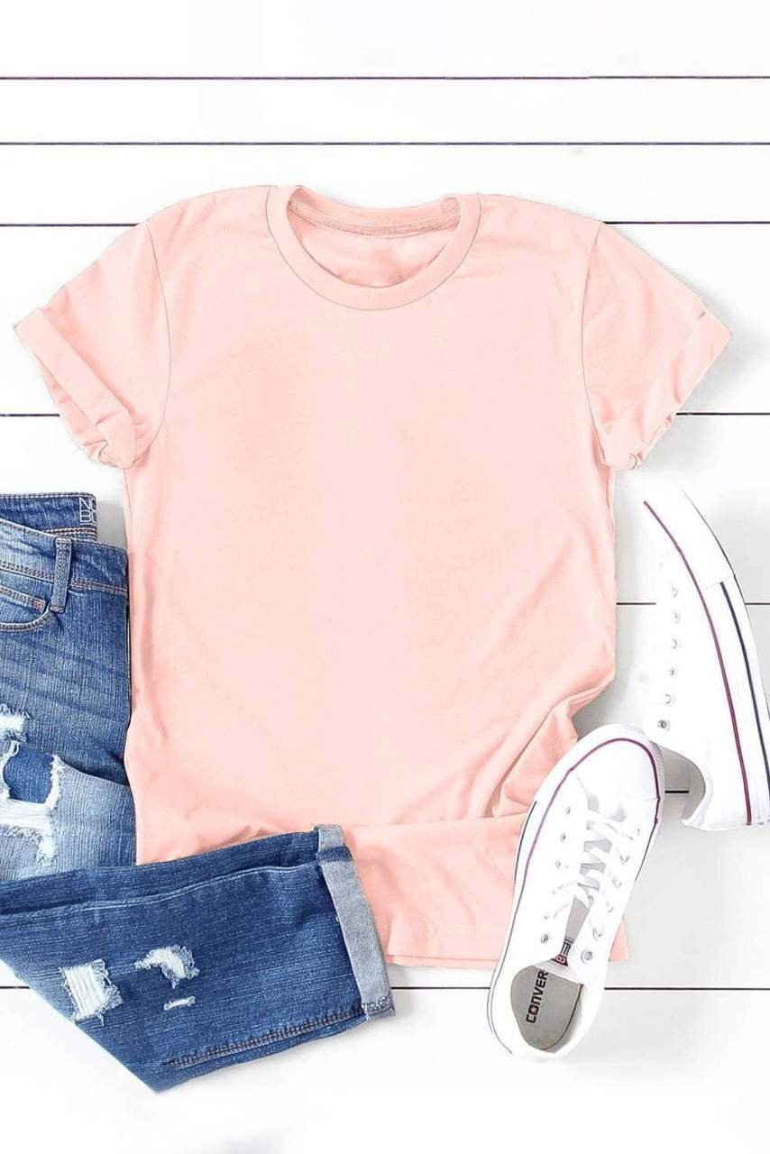 Pink Solid Color Crew Neck Tee - Image 5