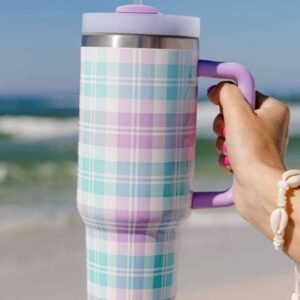 Orchid Petal Plaid Print Handle Large Vacuum Cup 40Oz