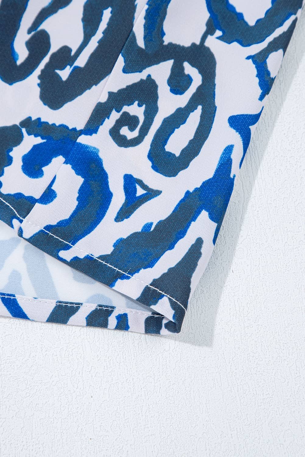 Blue Bohemian Print Embroidered V Neckline Detail Long Sleeve Shirt