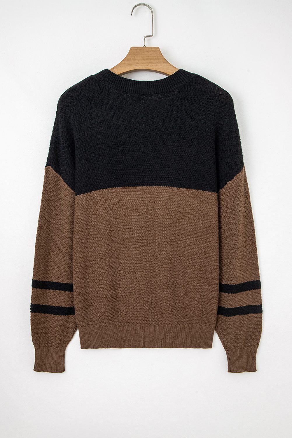 Dark Brown Color Block Knit Striped Sleeve Detail Casual Sweater