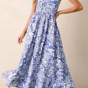 Sky Blue Floral Print Spaghetti Strap High Waist Maxi Dress