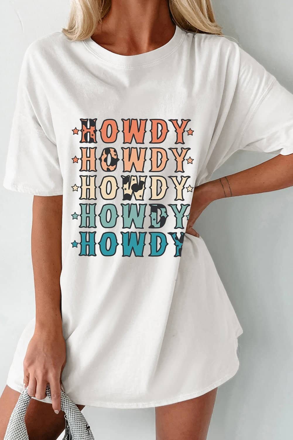 White Howdy Stars Print Crew Neck Loose Fit T Shirt