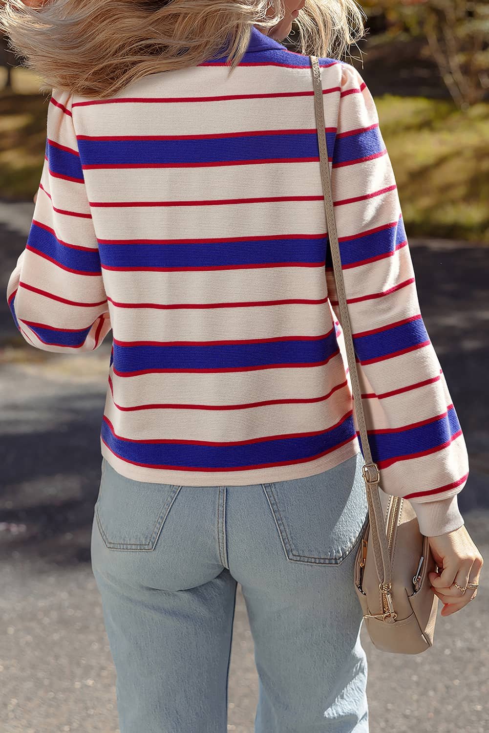 Blue Stripe Color Block Polo Pullover Sweatshirt