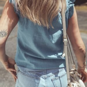 Beau Blue Frilly Ruffle Trim V Neck Chambray Tank Top