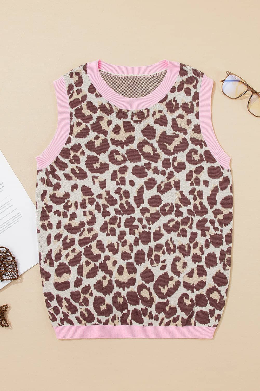Brown Leopard Pattern Contrast Ribbed Trim Sweater Vest