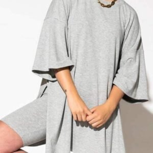 Light Grey Solid Color Loose Tunic Top And Slim Shorts Set