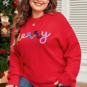 Fiery Red Tinsel Merry Pattern Drop Shoulder Plus Size Sweater