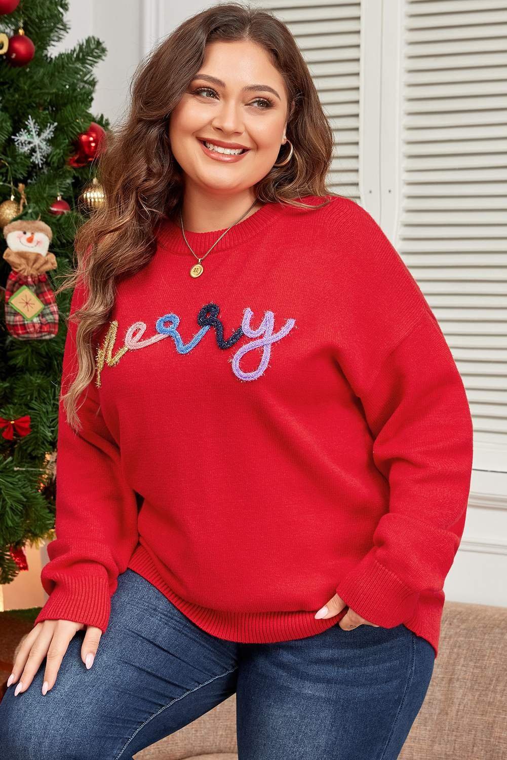 Fiery Red Tinsel Merry Pattern Drop Shoulder Plus Size Sweater