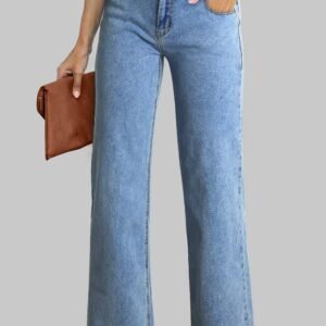 Blue Mid Rise Asymmetrical Waist Wide Leg Jeans