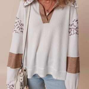 White Leopard Patchwork Turn-Down Collar Waffle Top