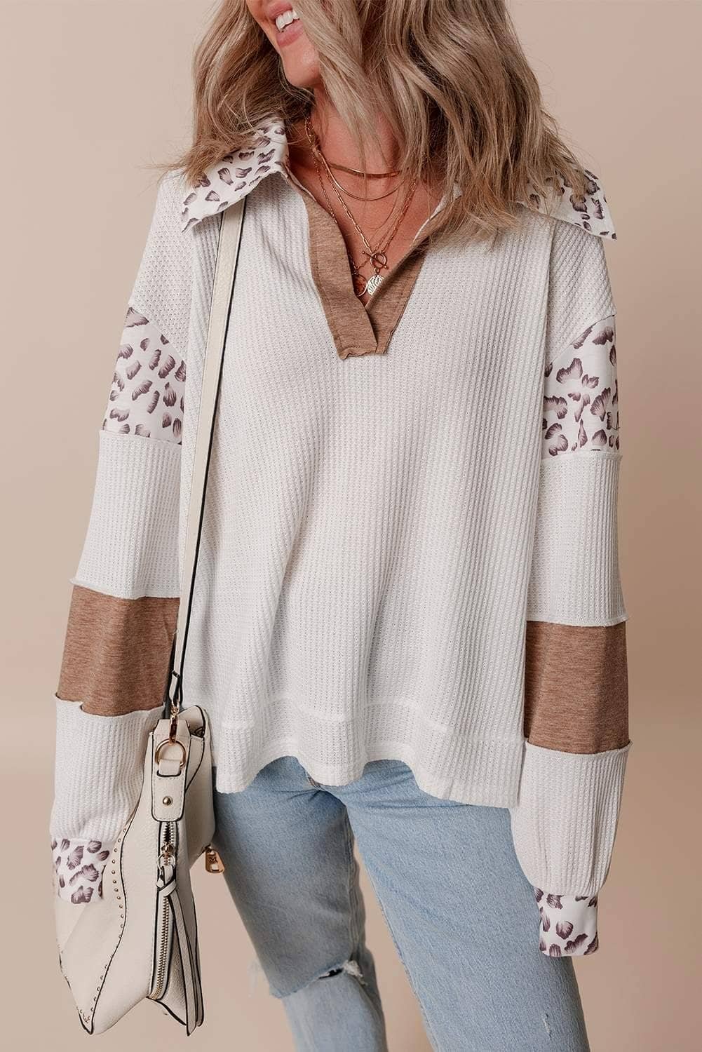 White Leopard Patchwork Turn-Down Collar Waffle Top