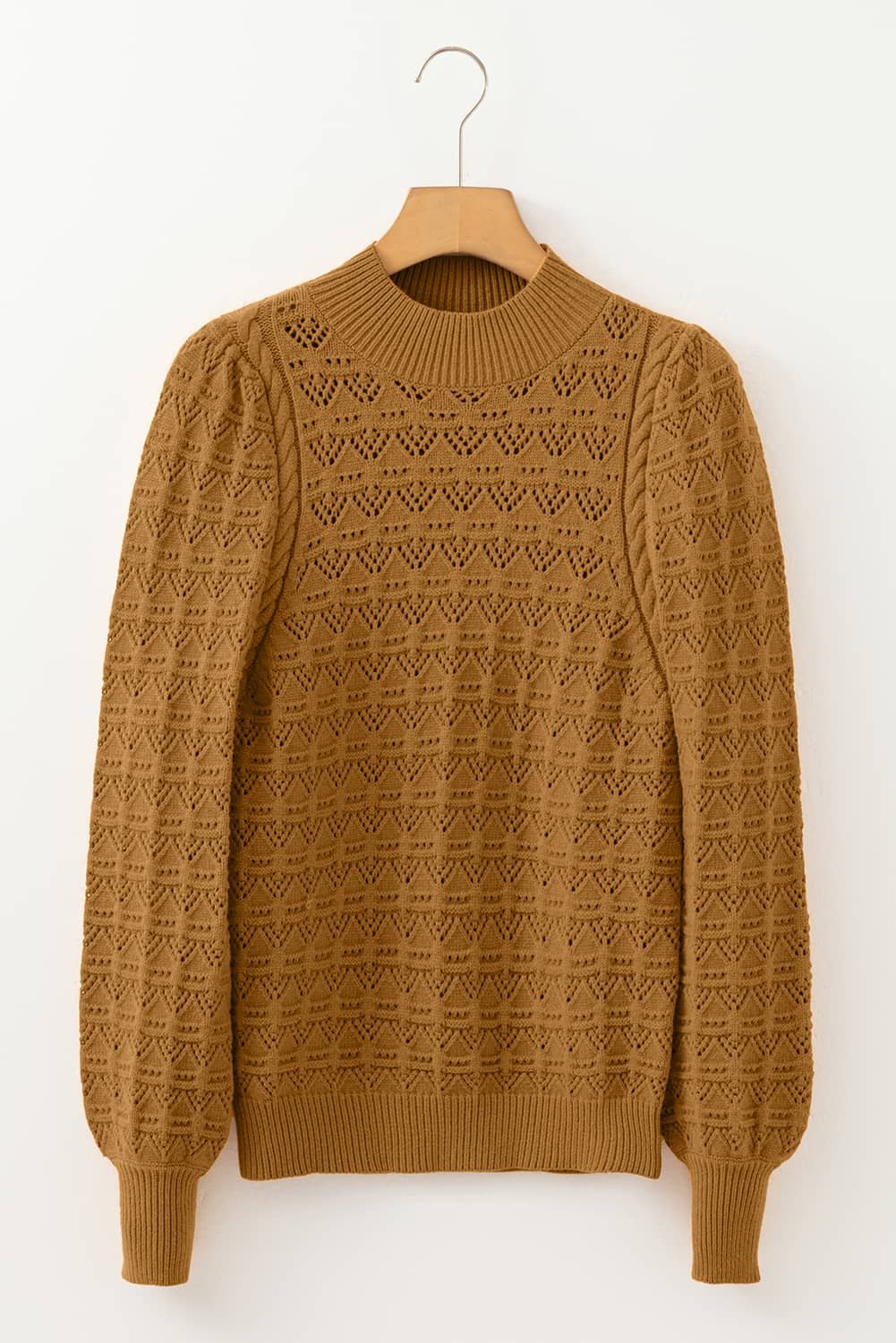 Jurassic Gold Hollow Out Crochet Ribbed Edge Balloon Sleeve Sweater