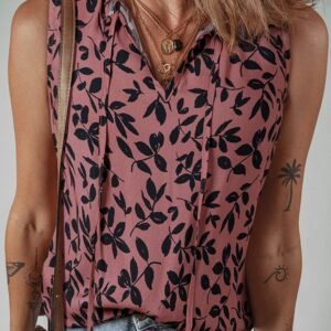 Brown Leaf Print Lace-Up V Neck Crinckled Tank Top
