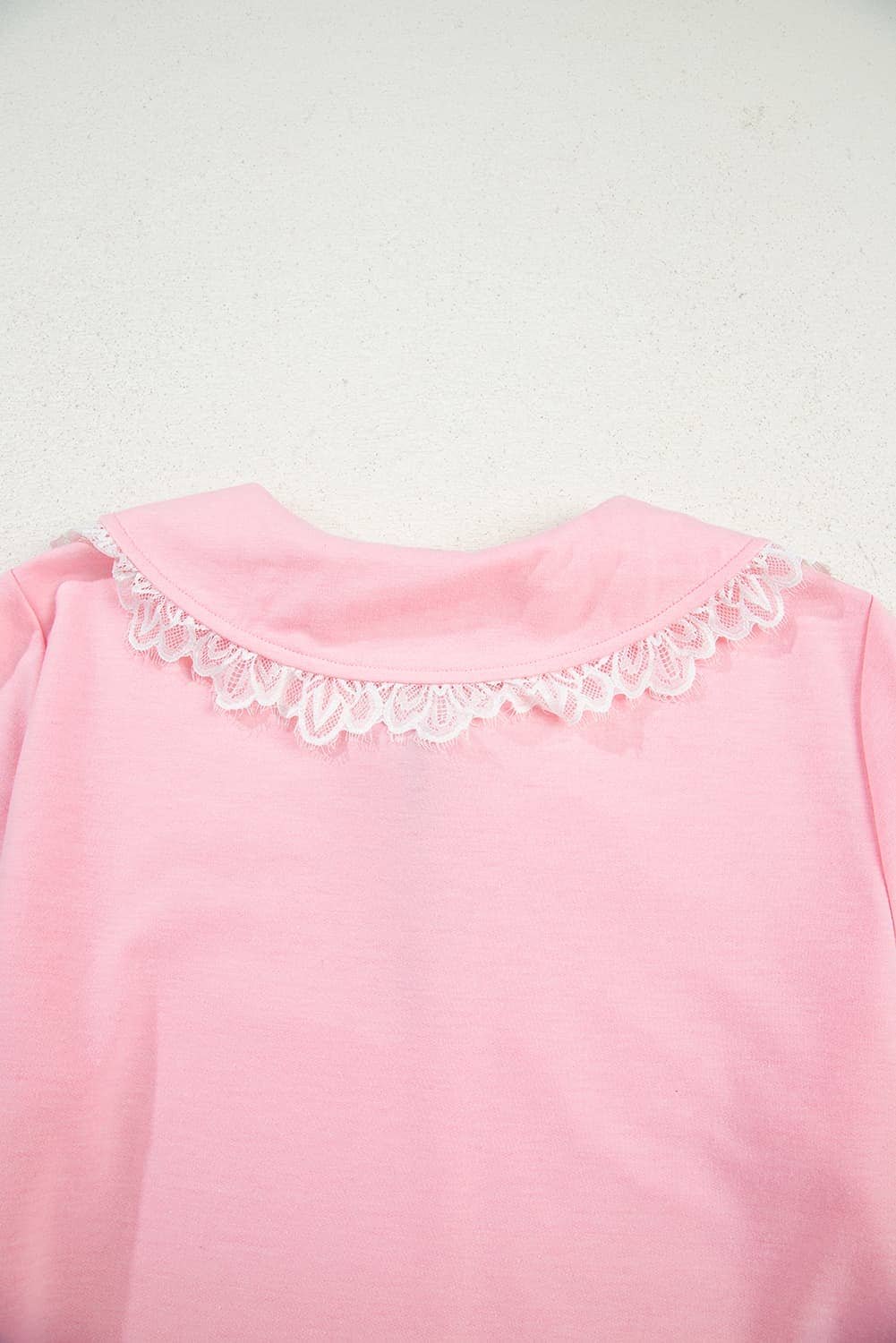 Pink Peter Pan Lace Embellished Neck Collision Sweatshirt And Skirt Two Piece Set