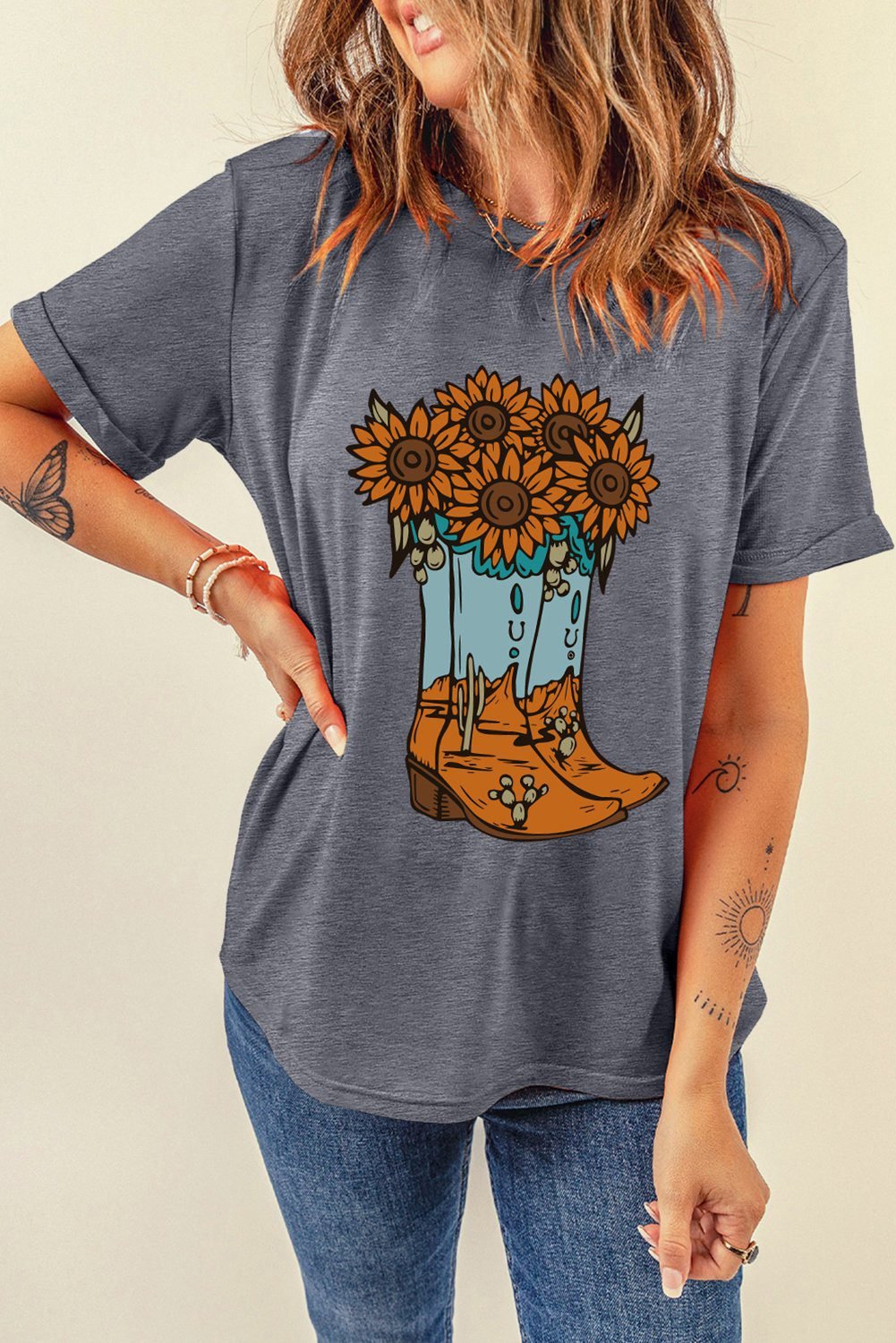 Gray Sunflower Cowgirl Boots Print Western Fashion T Shirt